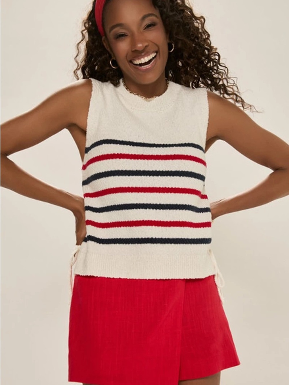 FRANCESCA’S Sleeveless Knit Top w/ Side Tie Accents  - Red, White & Navy Stripes